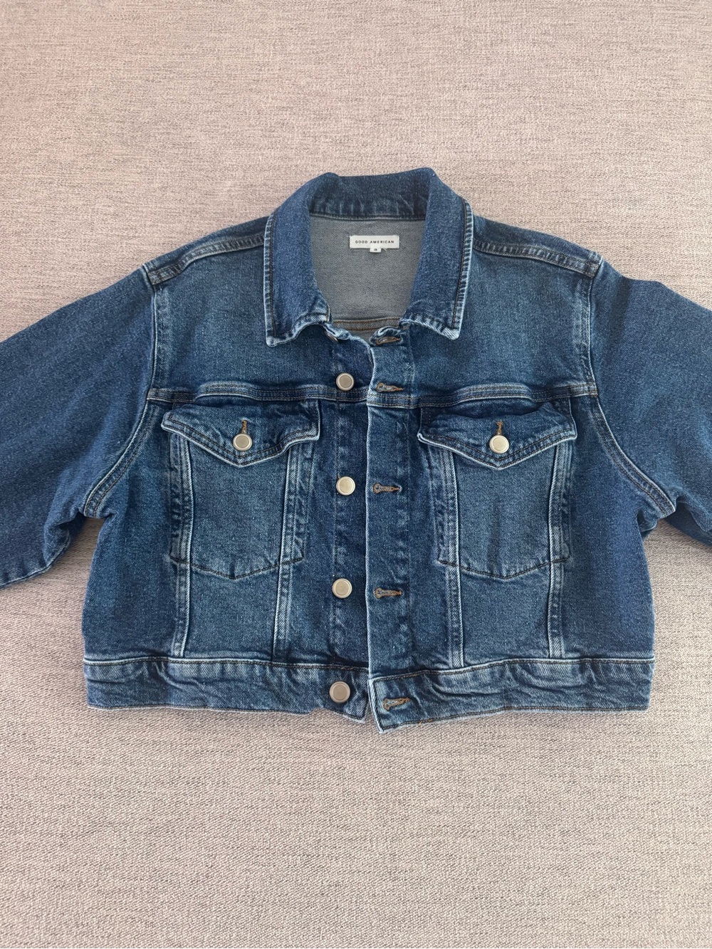 GOOD AMERICAN Cropped Denim Jacket Blue Medium Wash Size 3 Slightly Oversized